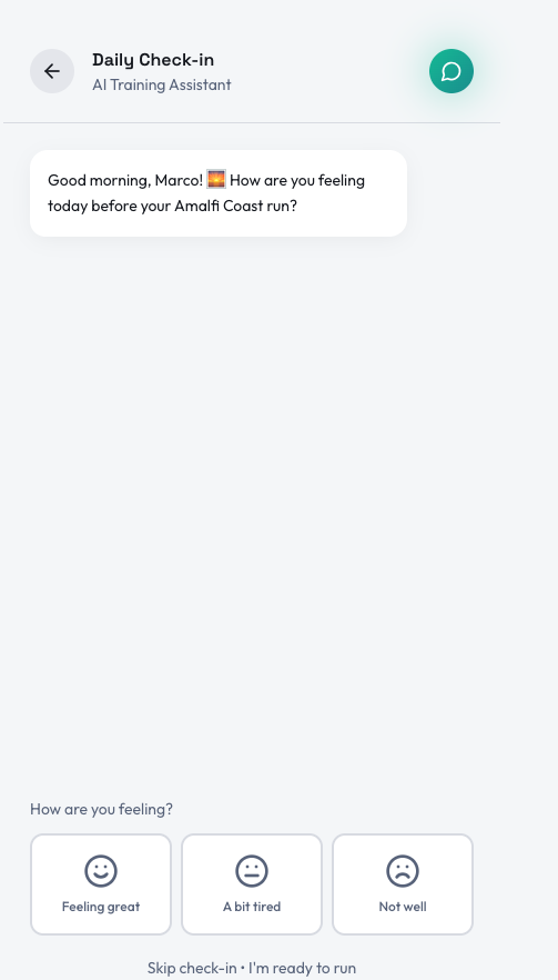 RunAwAI daily check-in AI assistant conversation screen